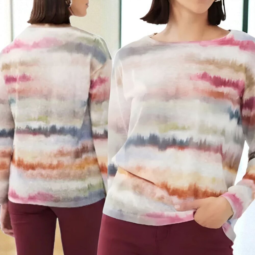 FDJ ( XL ) Vibrant Colored Tie Dye Long Sleeve Boat Neck Top